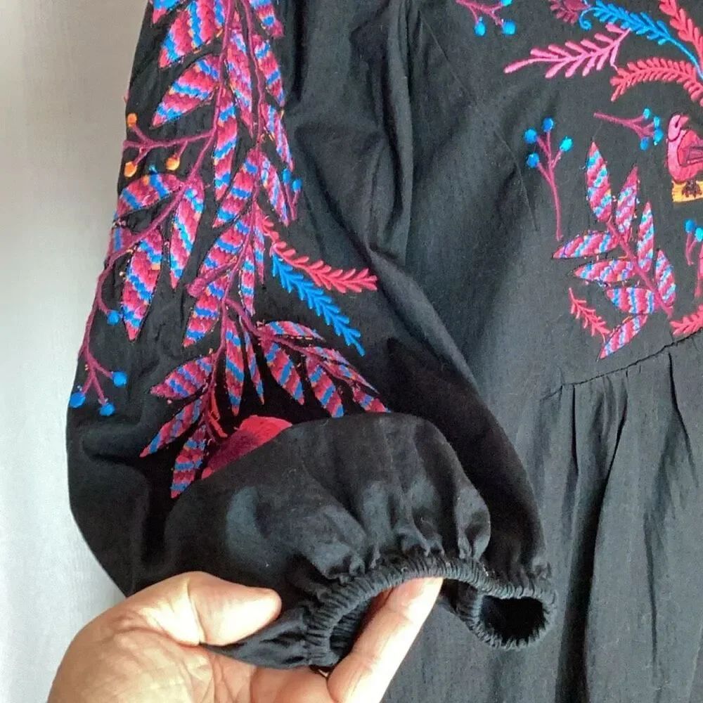 Maeve Anthropologie Embroidered Bird Floral Boho Tunic Dress Black Large - Picture 6 of 11